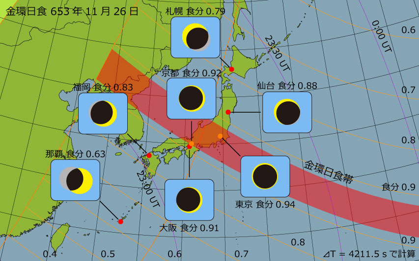 653年11月26日 金環日食　日本各地の食分