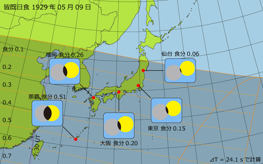 1929年05月09日 皆既日食　日本各地の食分