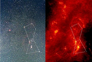 AKARIによるオリオン座領域（[福島英雄, 国立天文台 (左); JAXA (右)]）