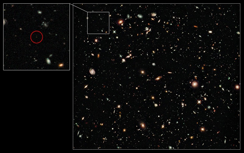 HSTが撮影した最遠の銀河UDFy-38135539[NASA, ESA, G. Illingworth (UCO/Lick Observatory and University of California, Santa Cruz) and the HUDF09 Team]