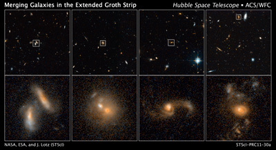 ＨＳＴが観測した８０〜９０億年前の銀河。衝突合体により歪んだ形をしている。[ NASA, ESA, J. Lotz (STScI), M. Davis (University of California, Berkeley), and A. Koekemoer (STScI)]