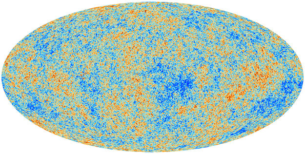 プランク衛星が観測した宇宙背景放射：色の違いは強弱を表わしている（[ESA and the Planck Collaboration]）