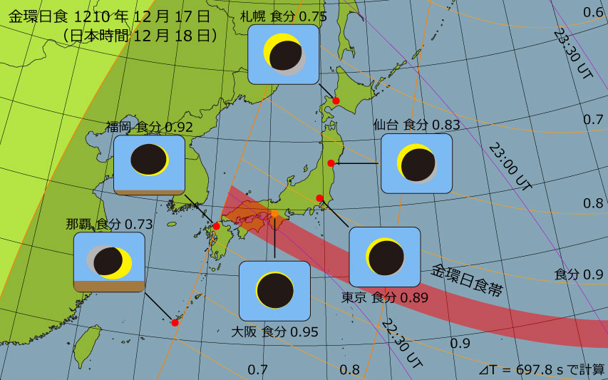 1210年12月17日 金環日食　日本各地の食分