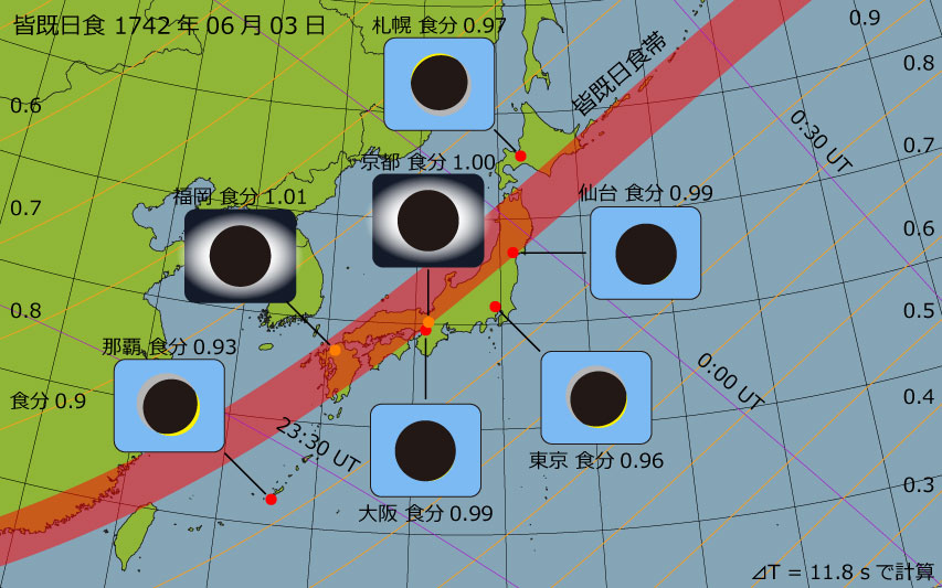 1742年06月03日 皆既日食　日本各地の食分