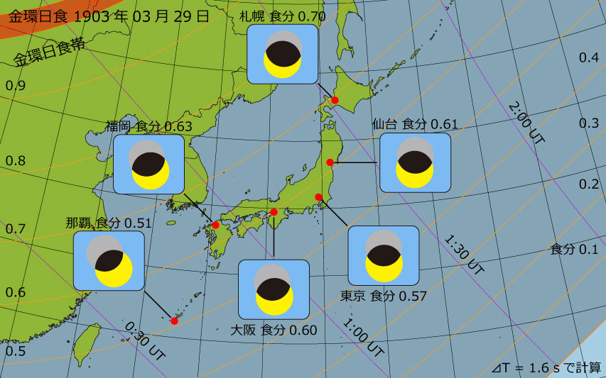 1903年03月29日 金環日食　日本各地の食分