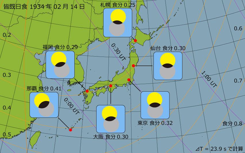 1934年02月14日 皆既日食　日本各地の食分