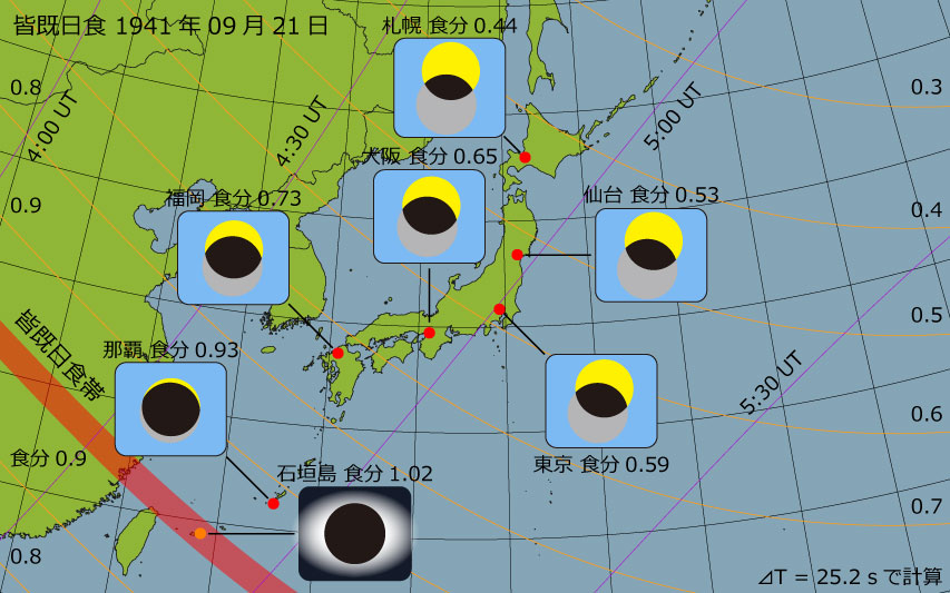 1941年09月21日 皆既日食　日本各地の食分