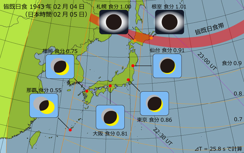 1943年02月04日 皆既日食　日本各地の食分