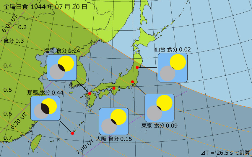 1944年07月20日 金環日食　日本各地の食分