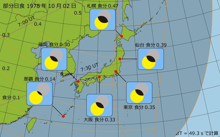 1978年10月02日 部分日食　日本各地の食分