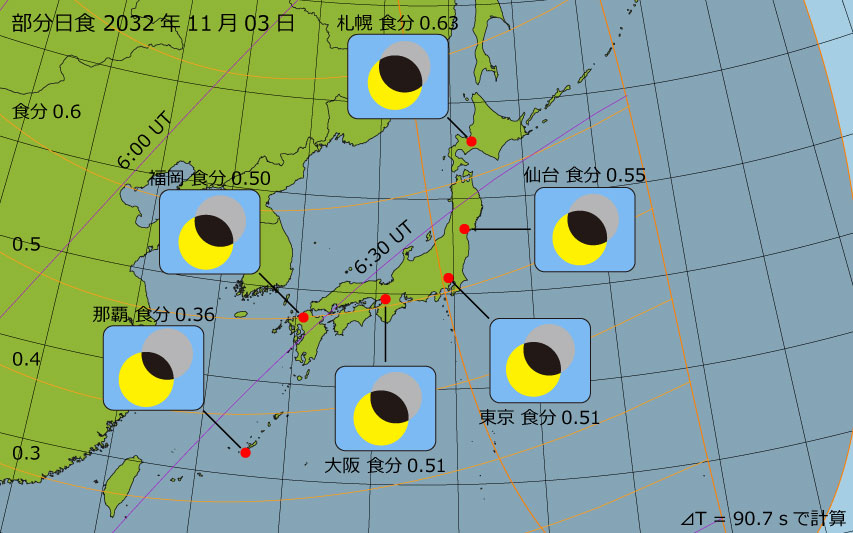 2032年11月03日 部分日食　日本各地の食分