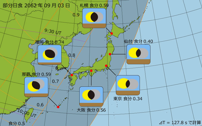 2062年09月03日 部分日食　日本各地の食分