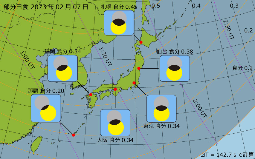 2073年02月07日 部分日食　日本各地の食分